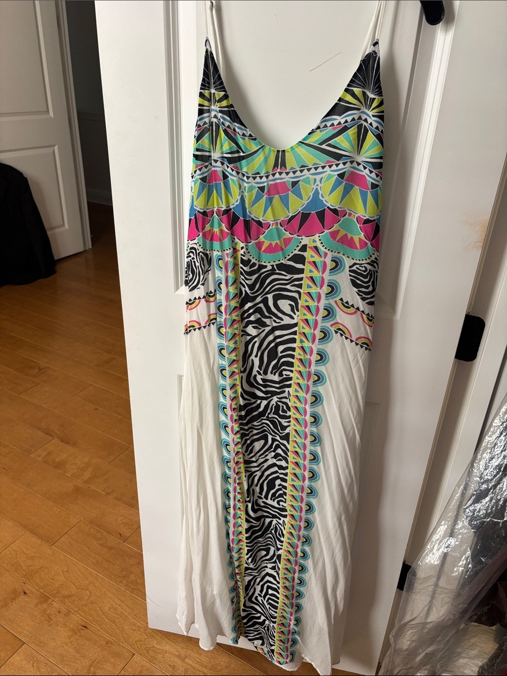 Ondademar White Maxi Swim Coverup with Neon Geometric & Zebra Print M